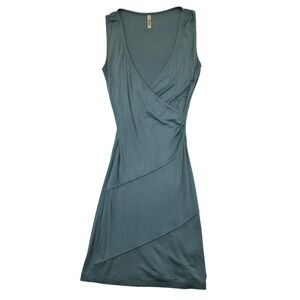 Fluxus Teal Blue Sleeveless V Neck Wrap Ruched Asymmetrical Midi Dress Size S